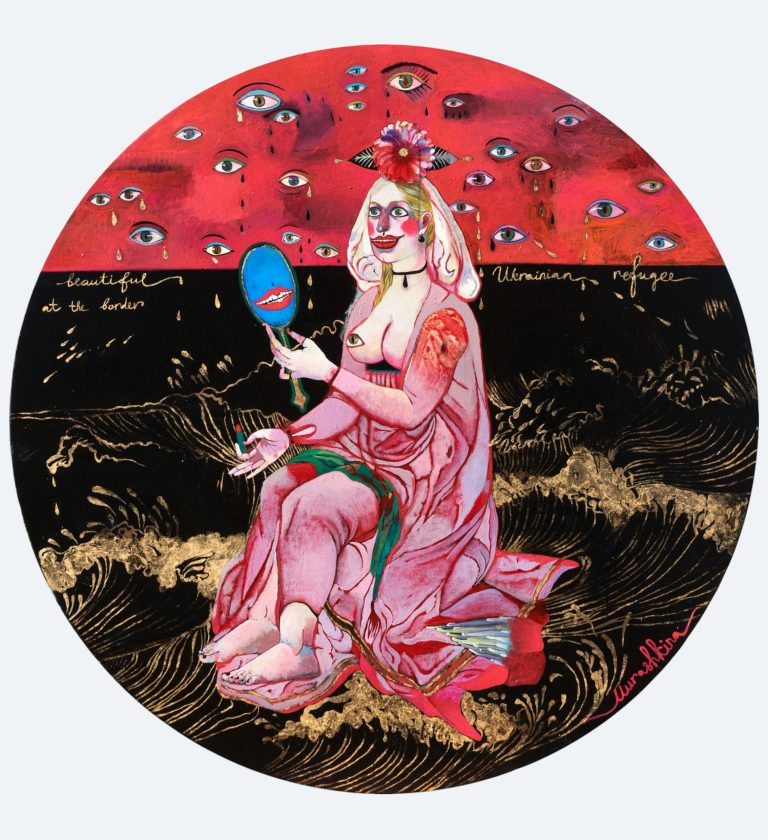 Beautiful Ukrainian Refugee Woman at the Border by Nina Murashkina, diameter 150 cm