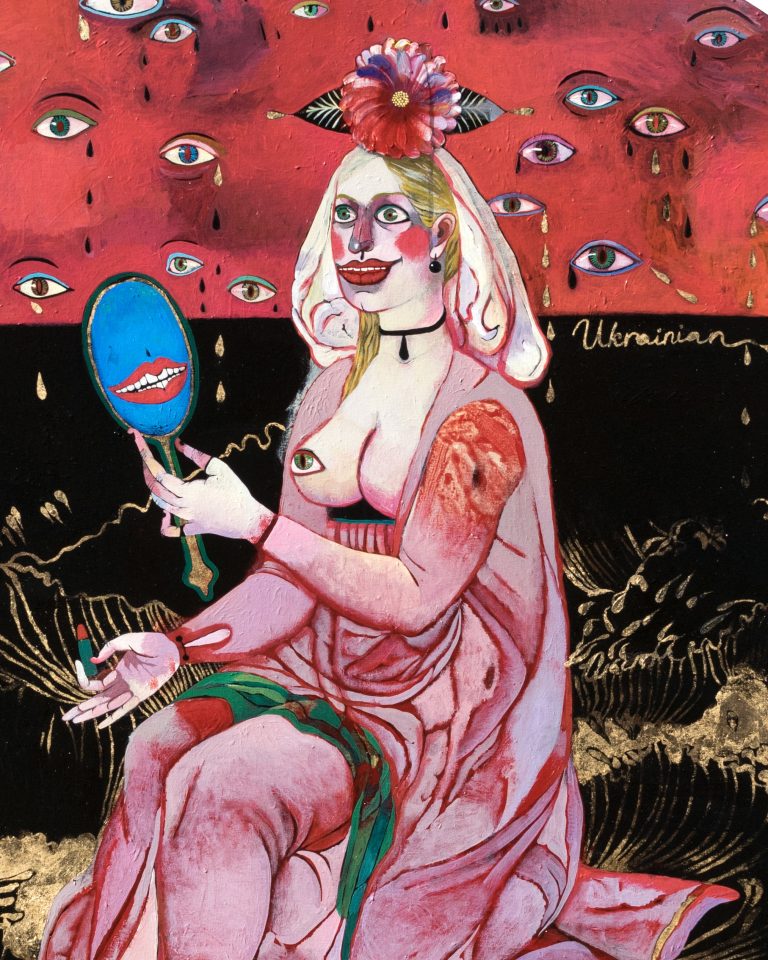 Beautiful Ukrainian Refugee Woman at the Border by Nina Murashkina, diameter 150 cm