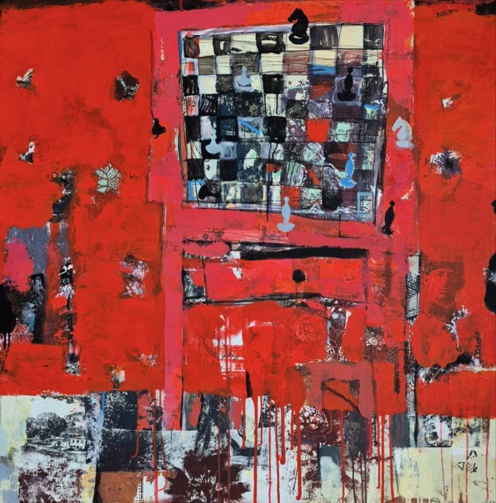 Шахи у червоній кімнаті — Блудов Андрій, 120 × 120 см